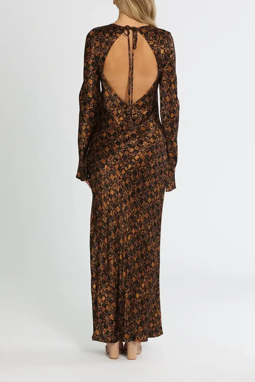 Bec and Bridge Checkmate Long Sleeve Maxi Dress in Brown Print Size 8 for rent on The Volte - main image