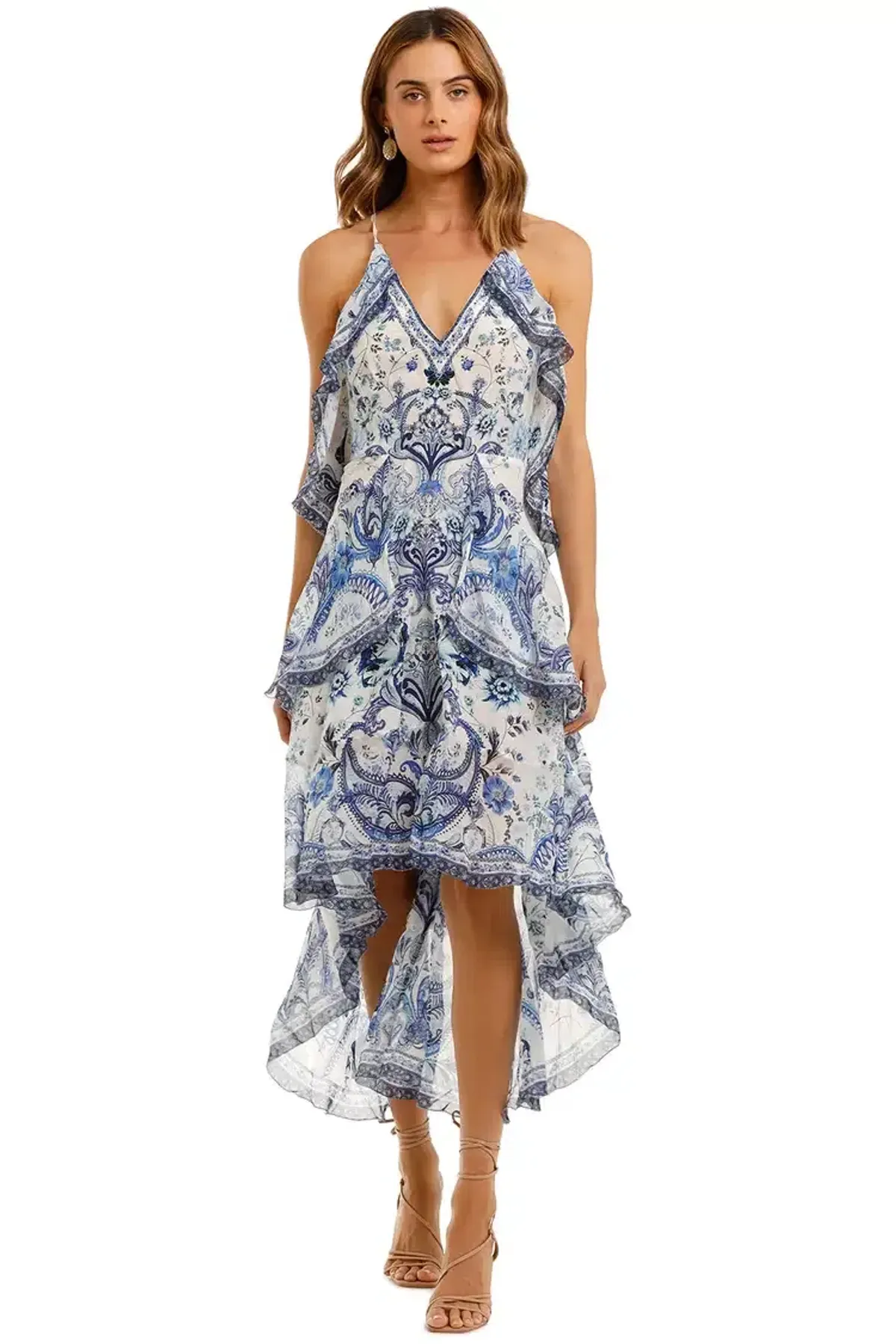 Camilla V-Neck Fitted Dress With Ruffles in Blue Size 10 for rent on The Volte - main image