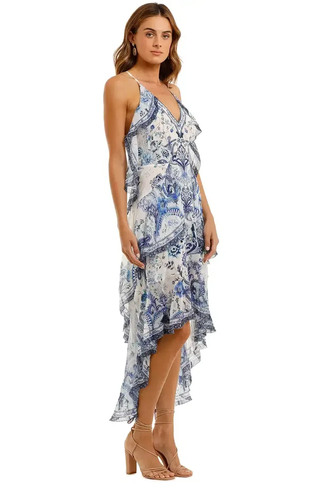 Camilla V-Neck Fitted Dress With Ruffles in Blue Size 10 for rent on The Volte - main image