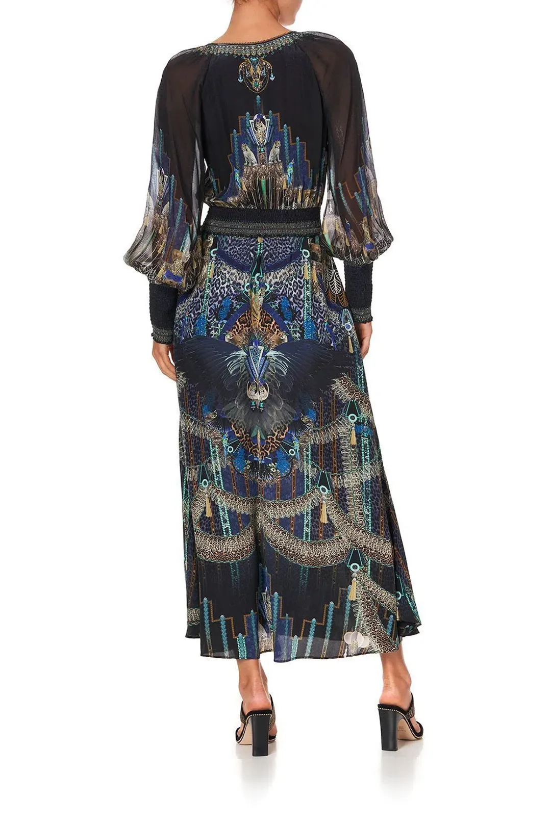 Camilla Black Dress With Shirred Waist in Dripping In Deco Size 8 for rent on The Volte - main image