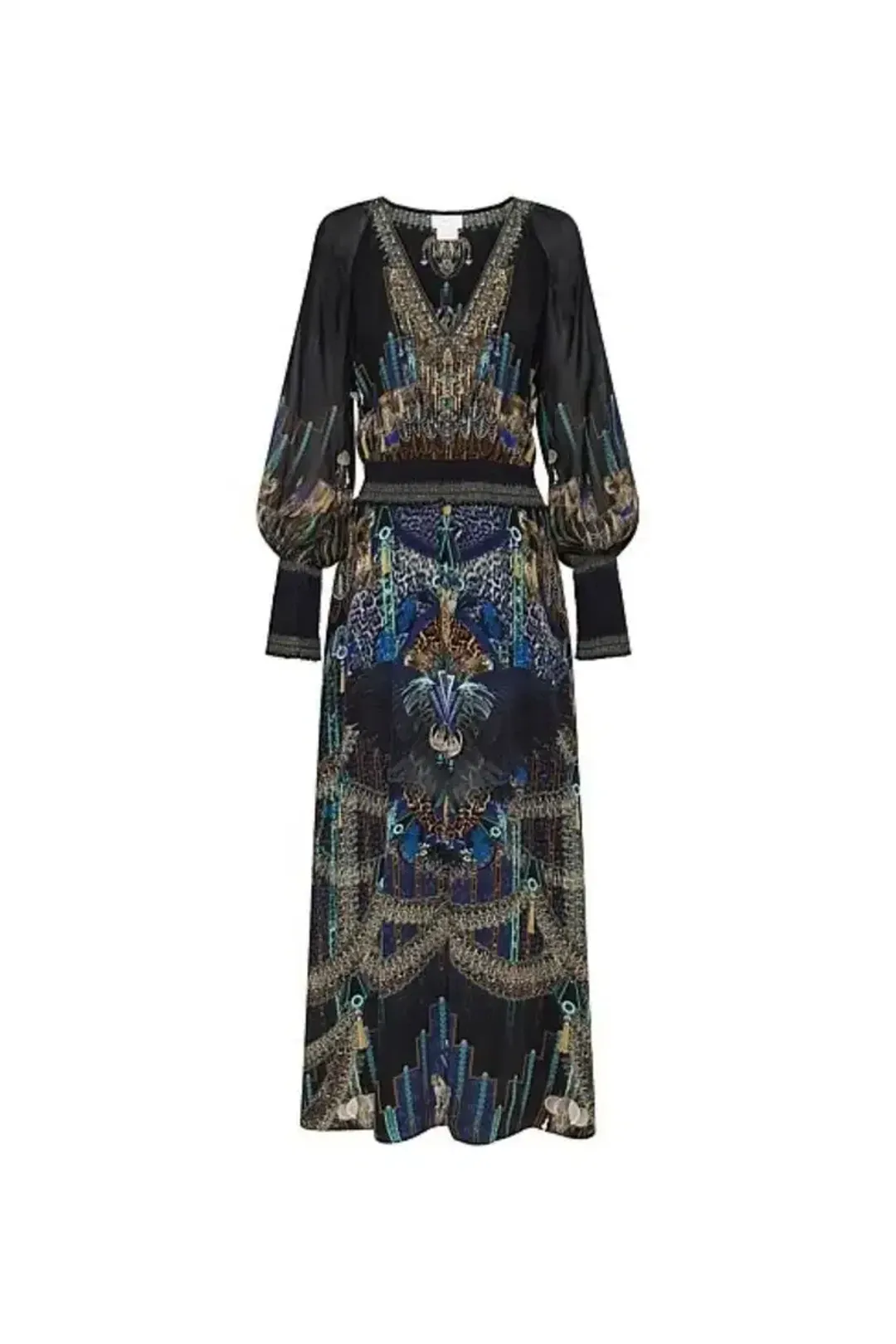 Camilla Black Dress With Shirred Waist in Dripping In Deco Size 8 for rent on The Volte - main image