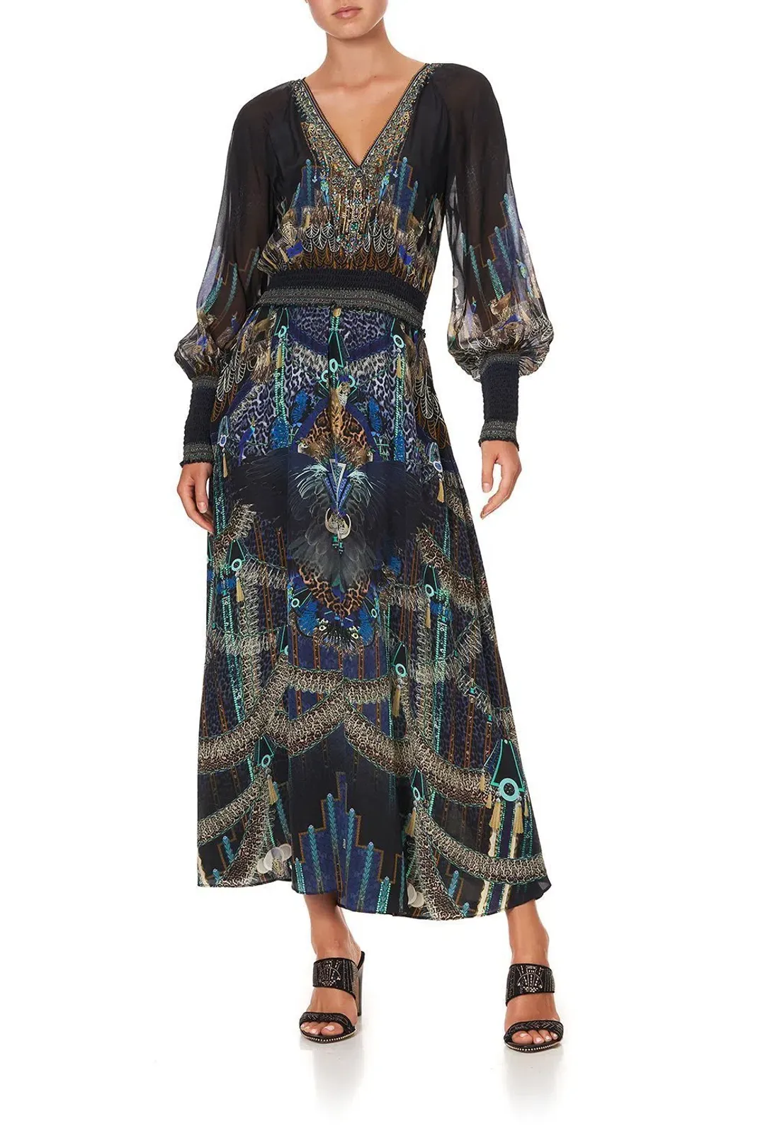 Camilla Black Dress With Shirred Waist in Dripping In Deco Size 8 for rent on The Volte - main image