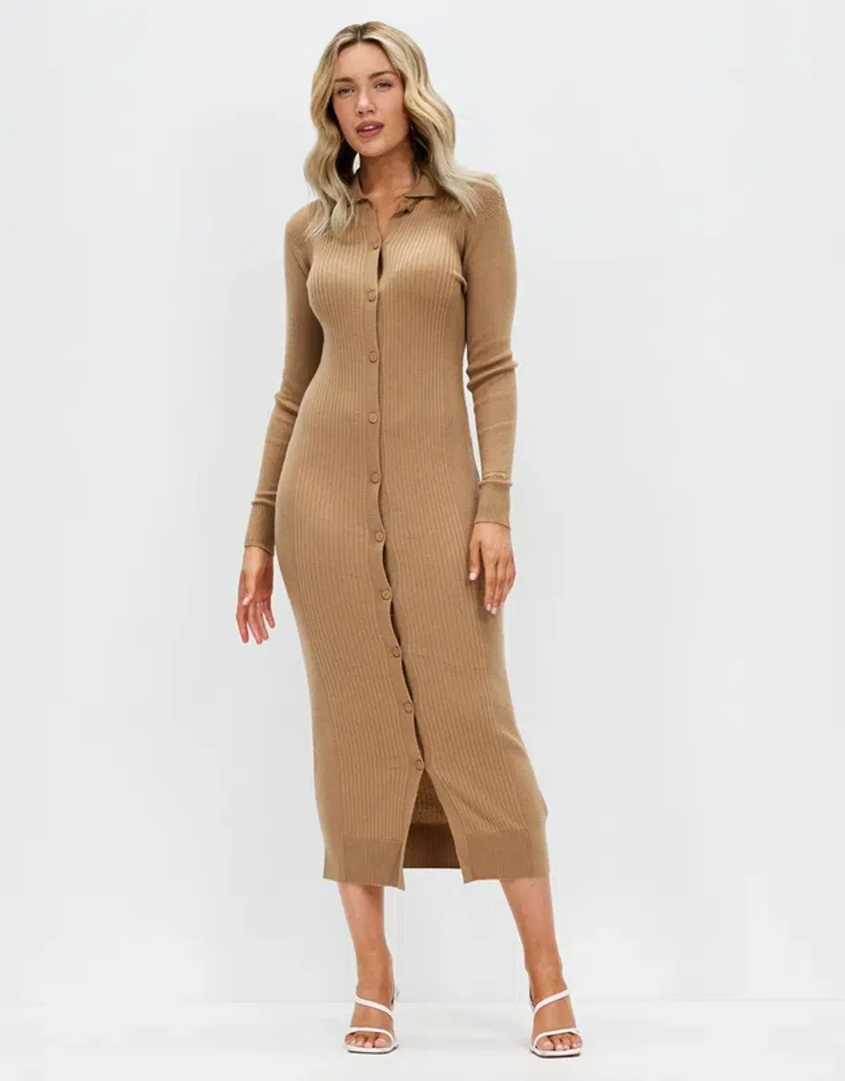 Calvin Klein Wool Tencel Rib Midi Dress Safari Canvas Size 10 for rent on The Volte - main image