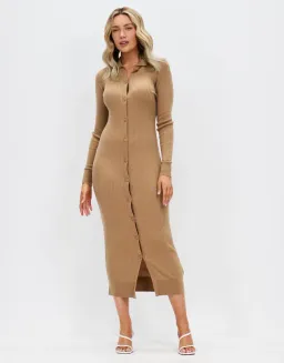 Calvin Klein Wool Tencel Rib Midi Dress Safari Canvas Size 10 for rent on The Volte - image 1