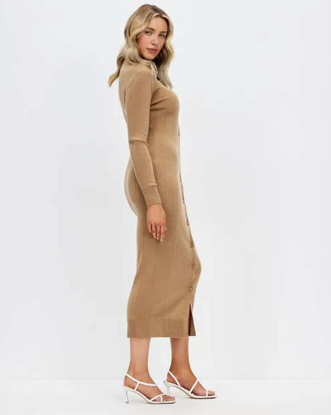 Calvin Klein Wool Tencel Rib Midi Dress Safari Canvas Size 10 for rent on The Volte - main image