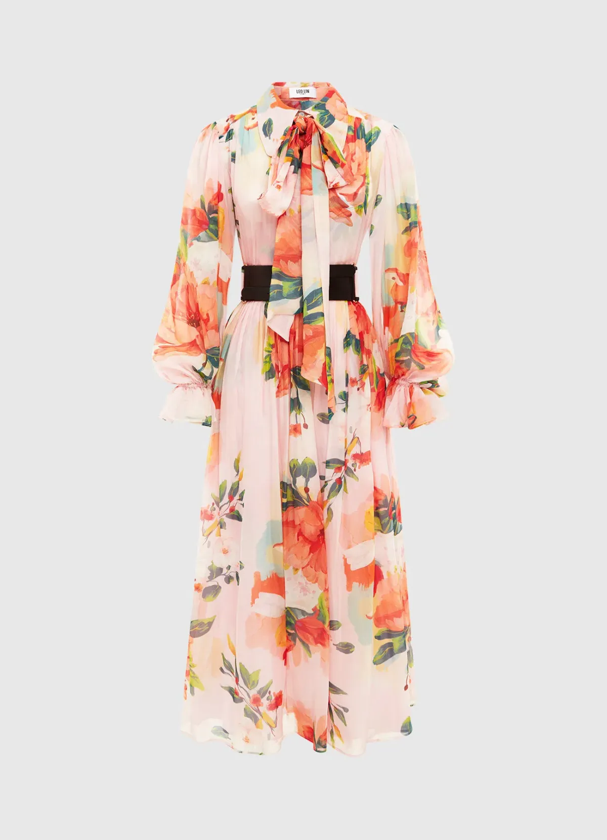 Leo Lin Florescence Silk Midi Dress Blossom Sorbet Floral Print Size 14 for rent on The Volte - main image
