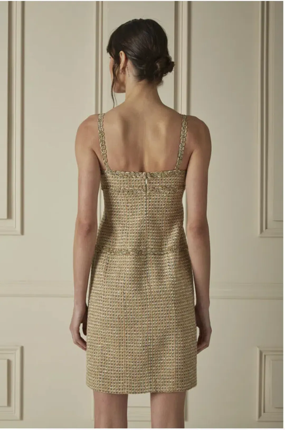 Chanel Tweed Mini Dress Gold Multicolour Size AU 10 / M for rent on The Volte - main image