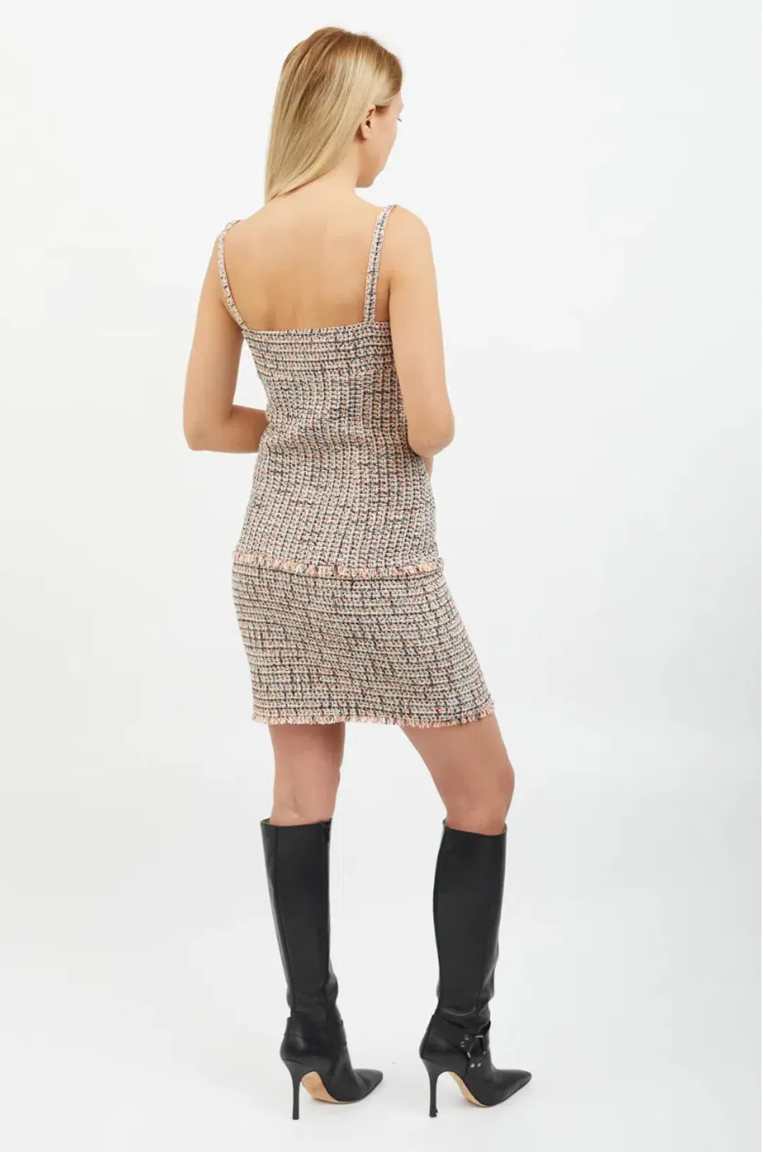 Chanel Tweed Frayed Edge Mini Dress Orange & Black Size M / AU 10 for rent on The Volte - main image
