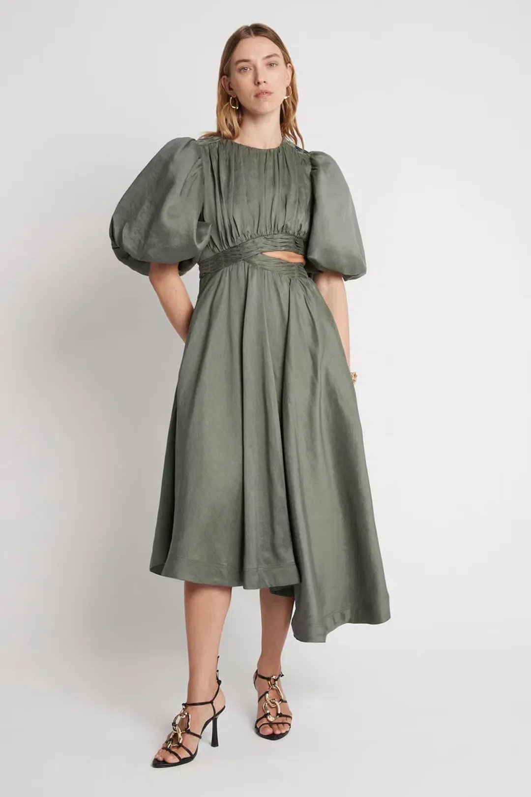 Aje Tidal Tucked Cut Out Midi Dress Oakmoss Size 14 for rent on The Volte - main image