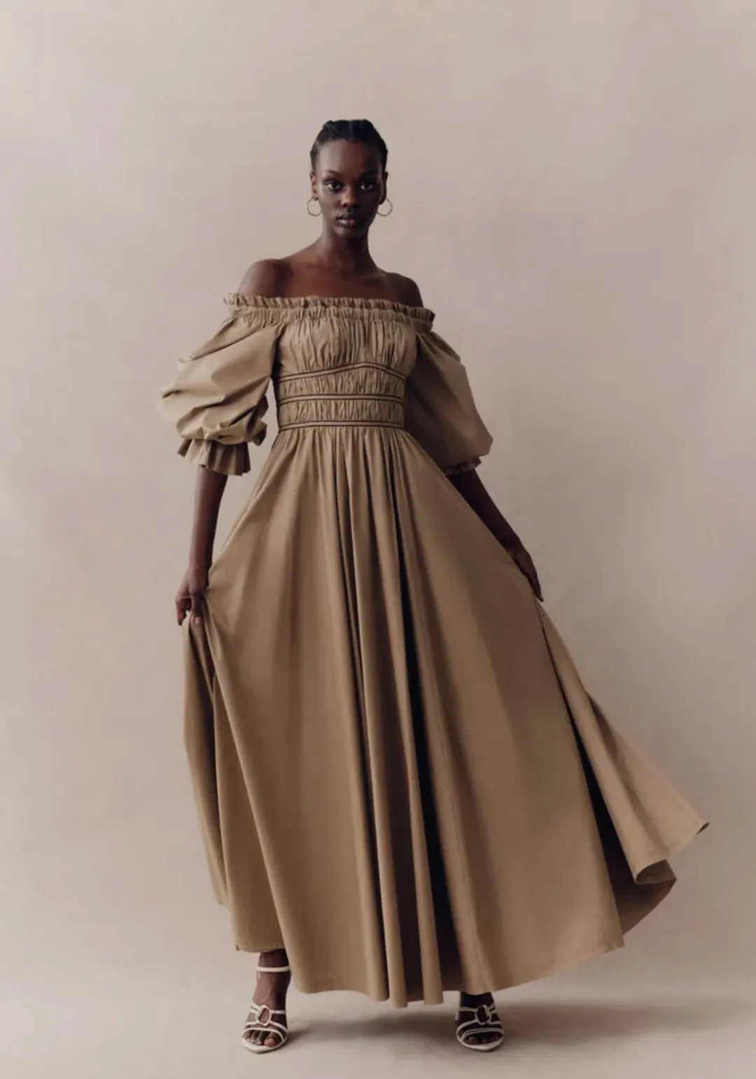 Aje Wattle Off Shoulder Midi Dress Taupe Grey Size 12 for rent on The Volte - main image