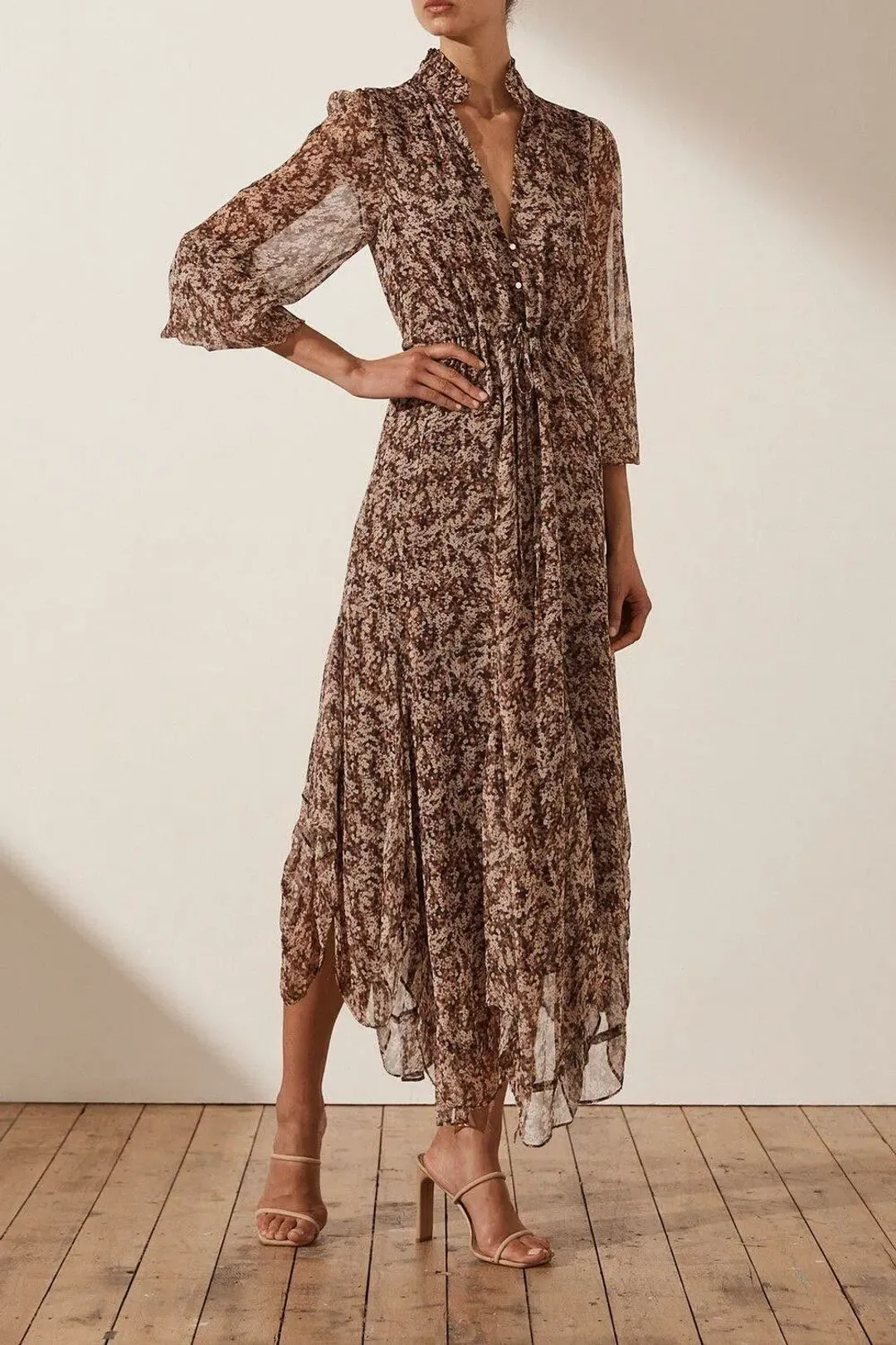 Shona Joy Blossom Plunged Midi Dress In Choc/Multi Size 6 for rent on The Volte - main image