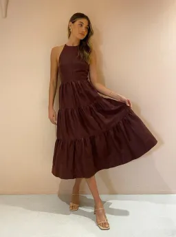 Shona Joy Marlene Open Back Tiered Midi Dress in Chocolate Size 6 for rent on The Volte - image 1