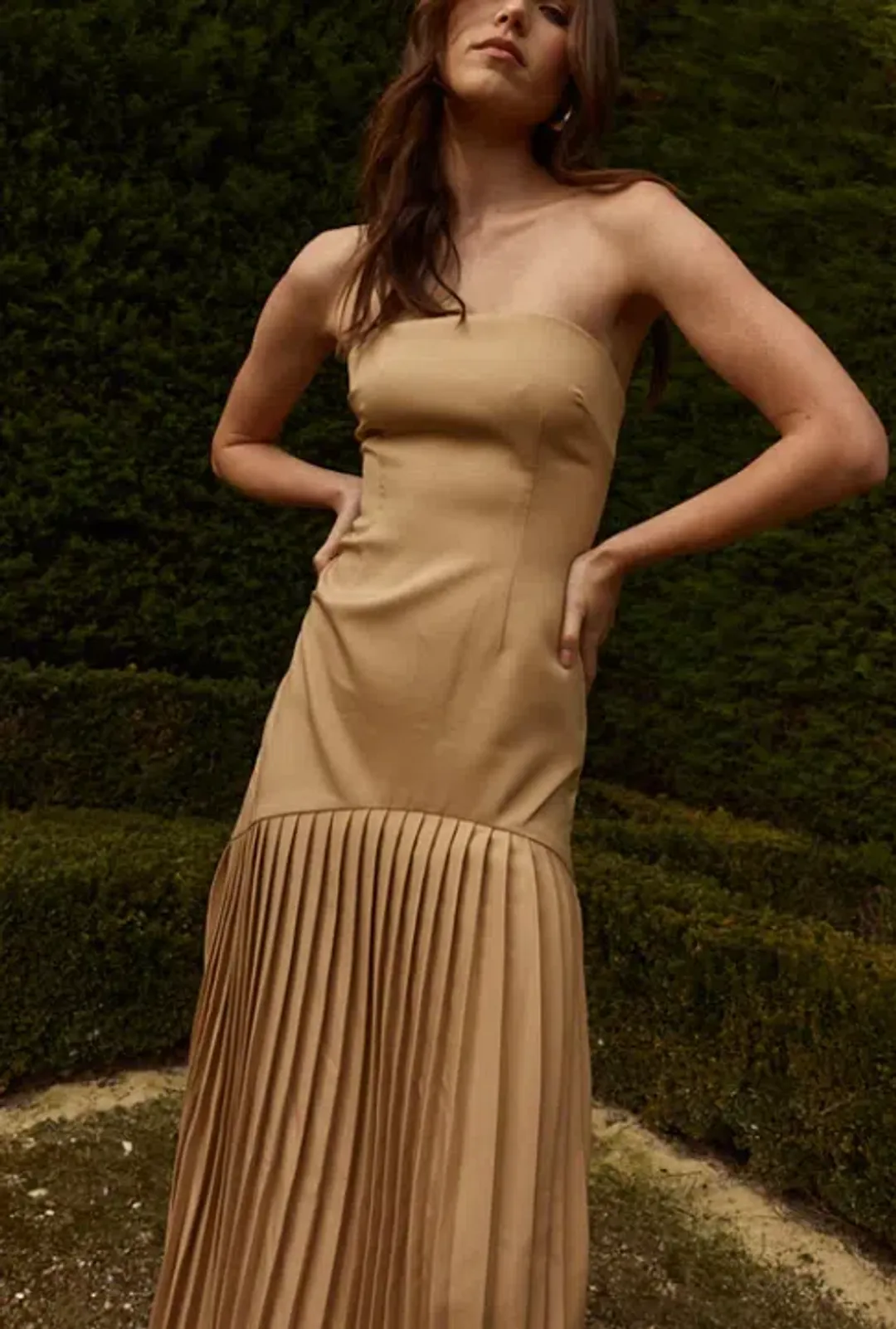 Bianca and Bridgett Mara Pleated Maxi Dress in Beige Gold Size 8 for rent on The Volte - main image