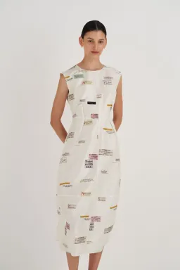 Oroton Structured Spaced Label Midi Dress Soft Cream Print Size 6 for rent on The Volte - image 2