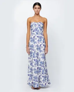 Bec & Bridge Audette Floral White Blue Strapless Linen Maxi Dress Floral Size XS/ AU 6  for rent on The Volte - image 1