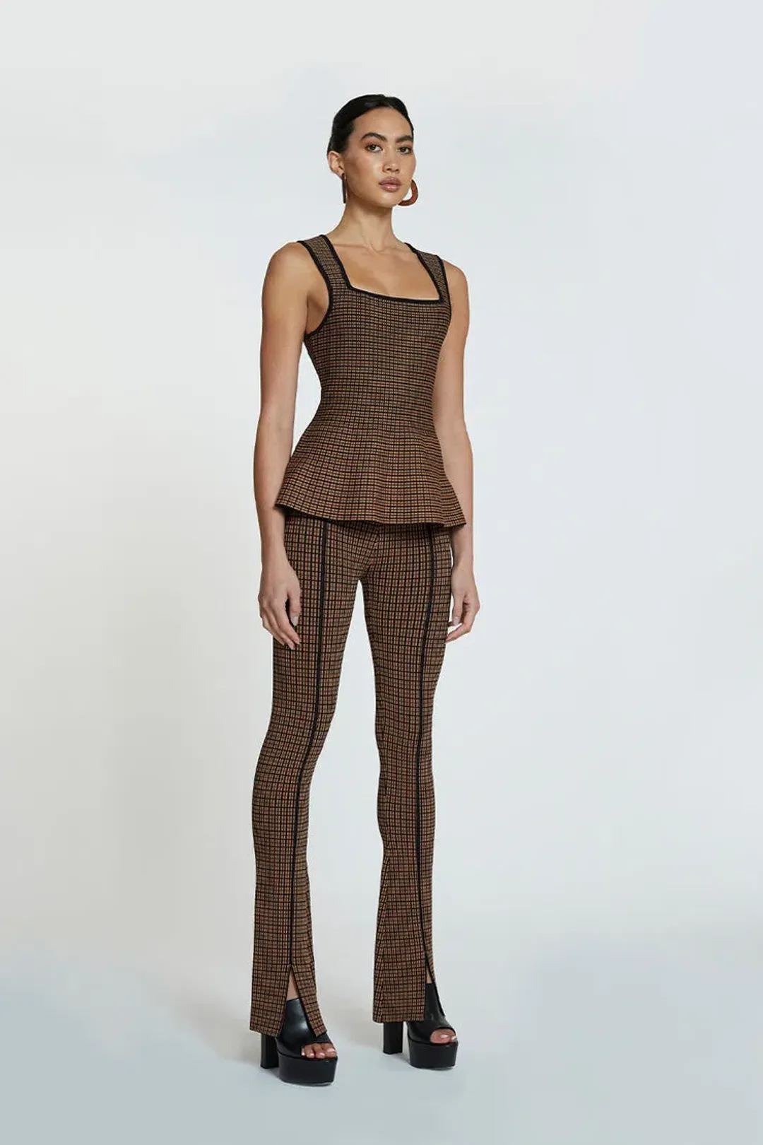 By Johnny Window Check Flare Top & Pant Set Brown/Black Size 8  for rent on The Volte - main image