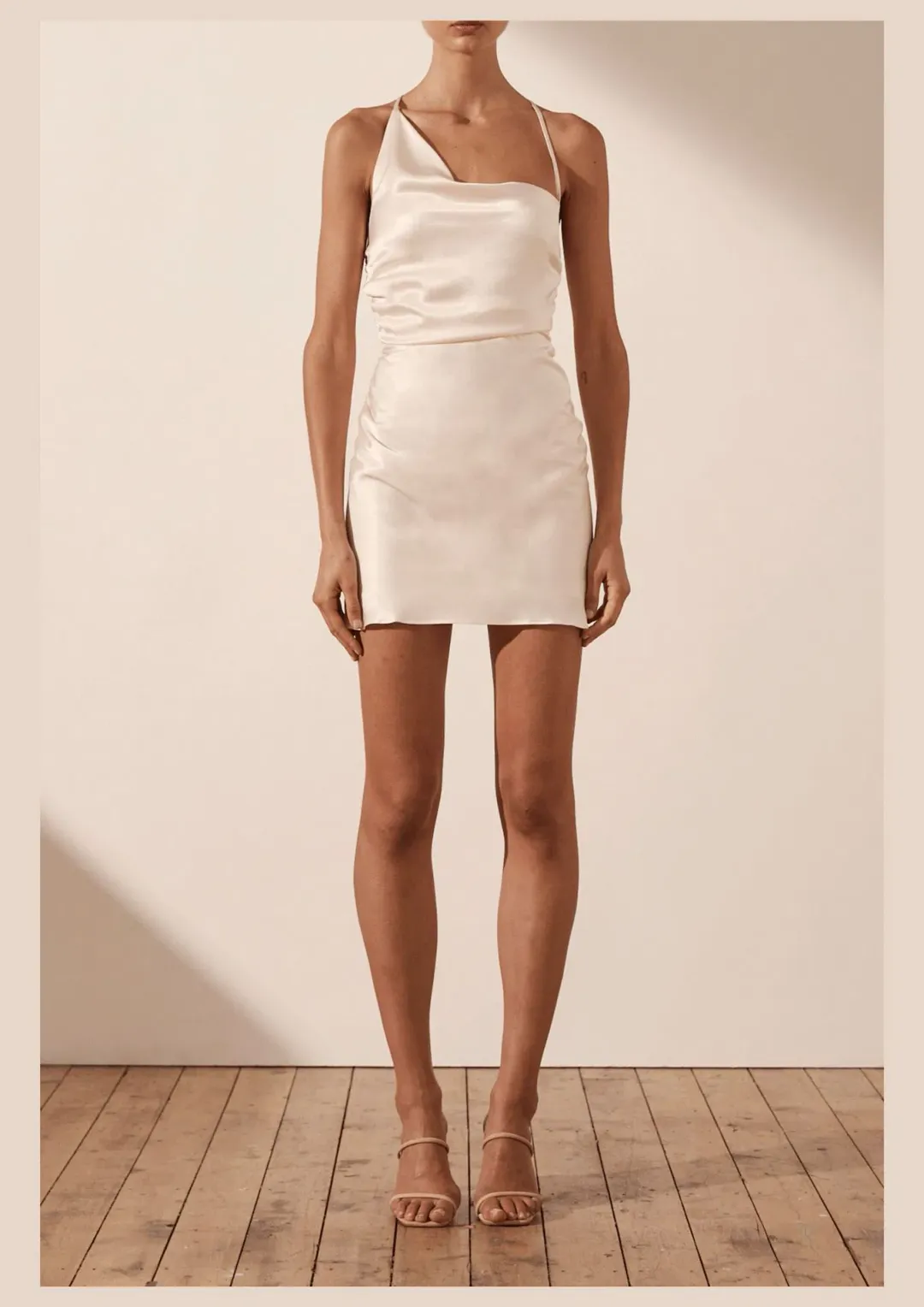 Shona Joy La Lune Asymmetrical Bias Cowl Mini Dress Cream Size AU 8 for rent on The Volte - main image