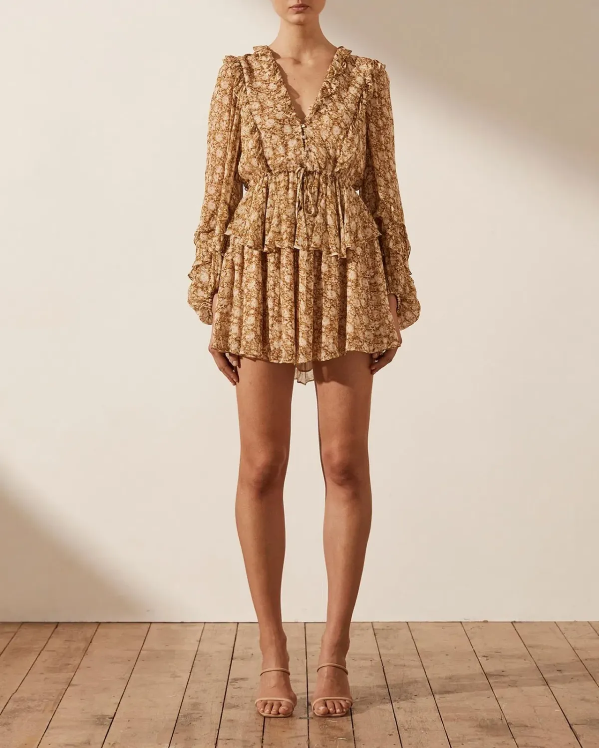 Shona Joy Julia Balloon Sleeve Drawstring Mini Dress Floral Size AU 10 for rent on The Volte - main image