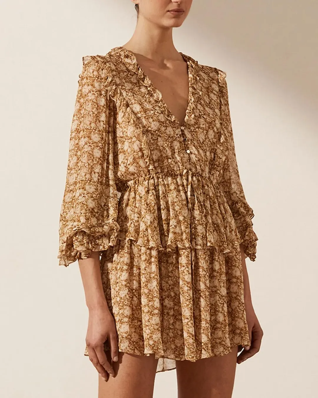 Shona Joy Julia Balloon Sleeve Drawstring Mini Dress Floral Size AU 10 for rent on The Volte - main image