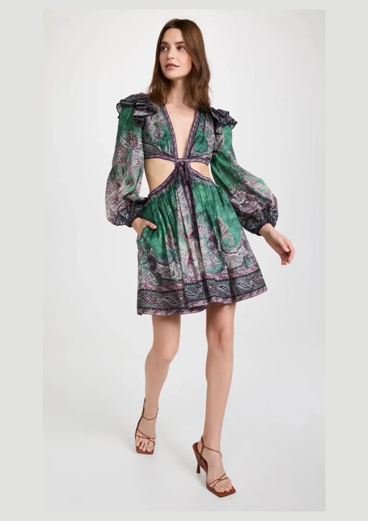 Zimmermann Anneke Ruffle Mini Dress Teal Paisley Print Size 1 / AU 10 for rent on The Volte - main image