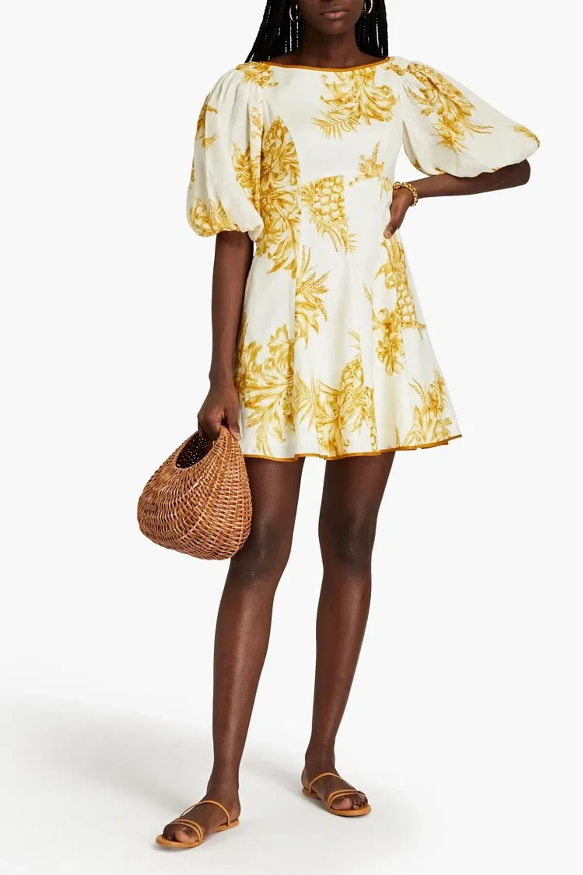 Zimmermann Empire Printed Linen Mini Dress Cream/Gold Size 2 / AU 12 for rent on The Volte - main image