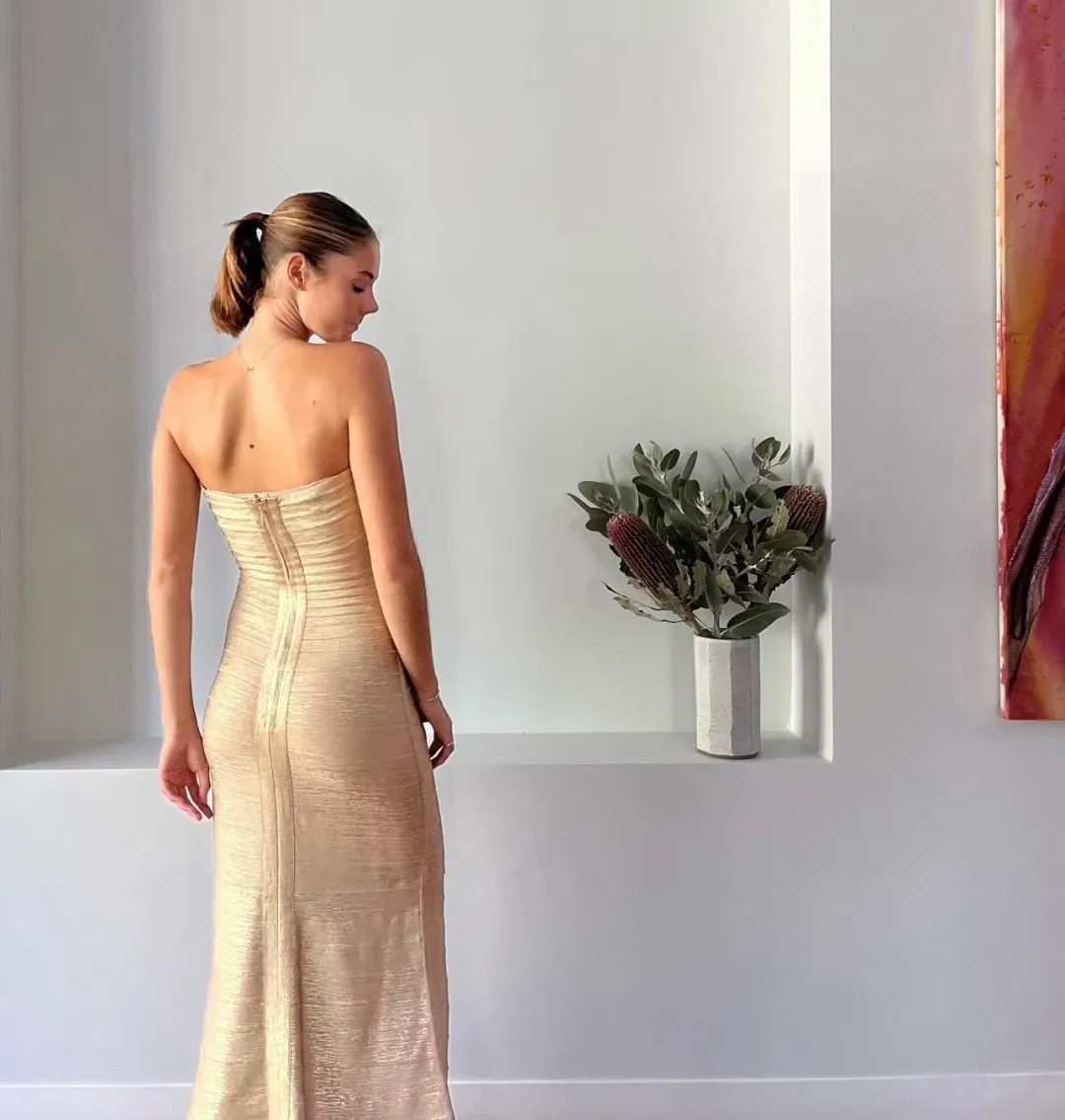 Herve Leger Sara Gown  Gold Size Small/AU 8 for rent on The Volte - main image