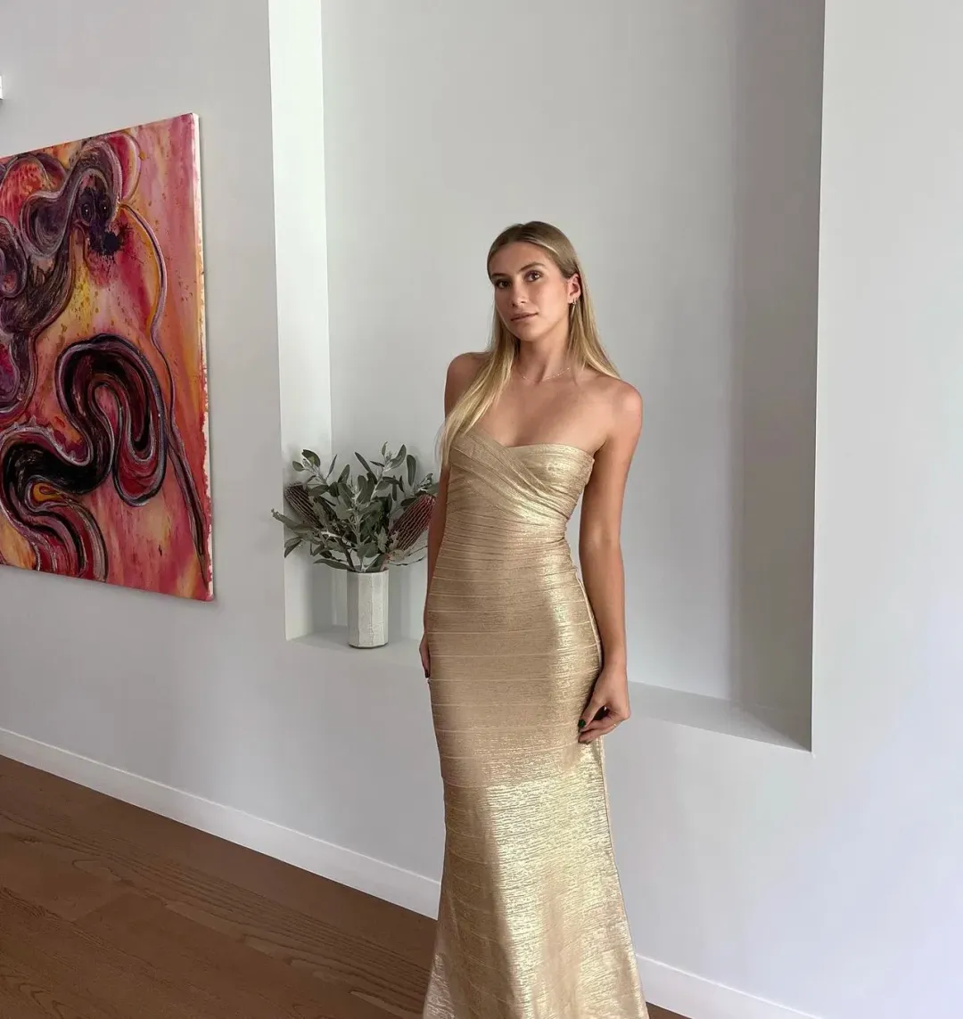Herve Leger Sara Gown  Gold Size Small/AU 8 for rent on The Volte - main image
