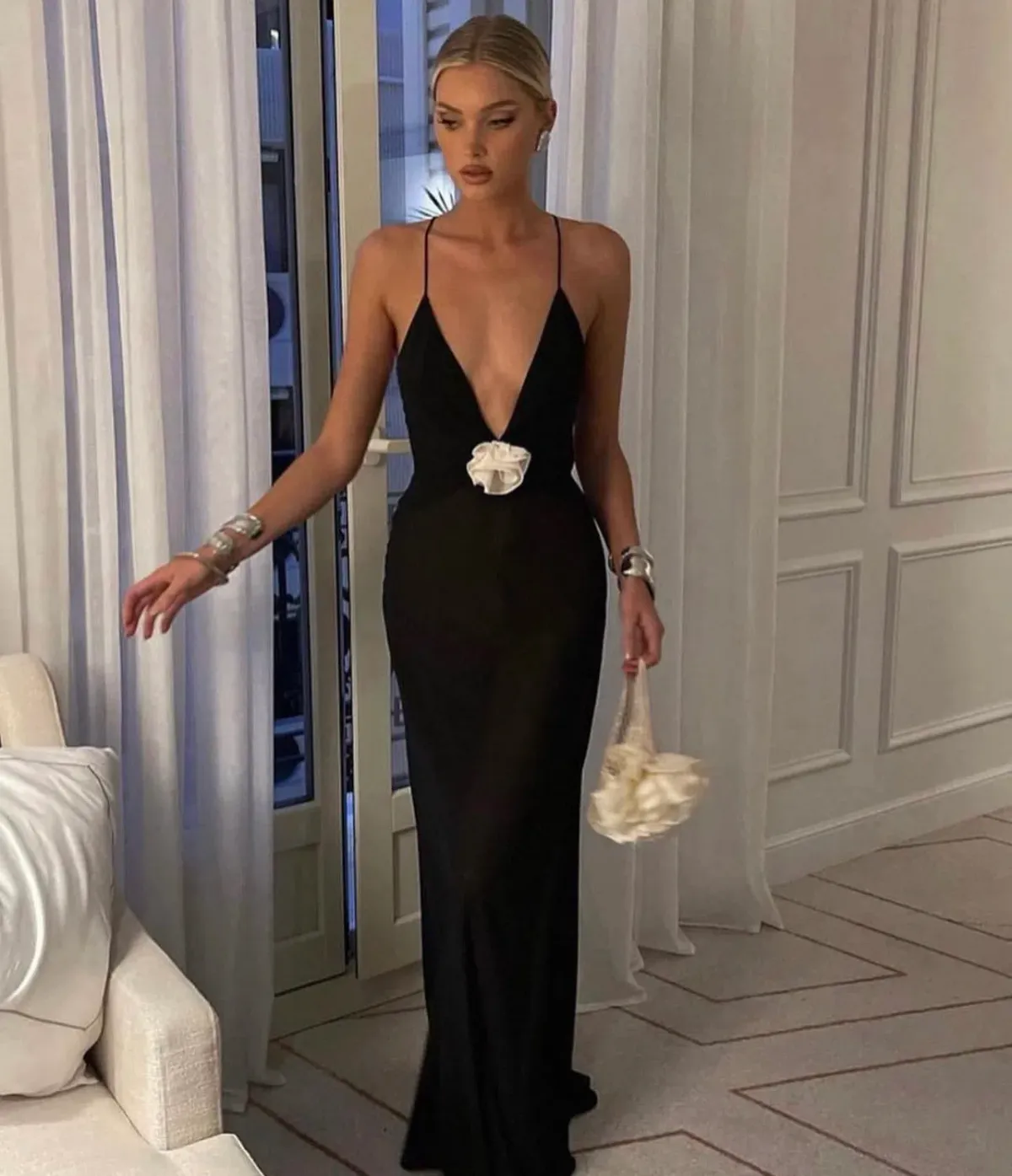 Helsa Sheer Deep V Neck Rose Dress Black Size S/Au 8 for rent on The Volte - main image