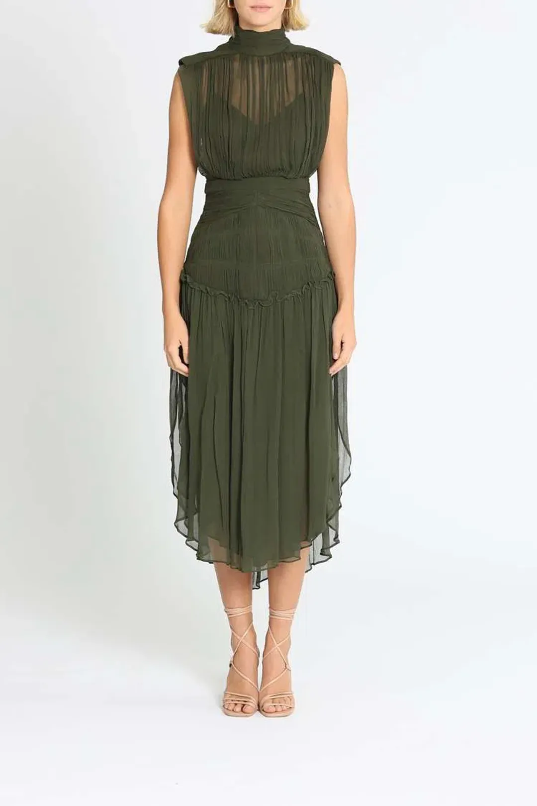 Shona Joy Safira Sleeveless Open Back Midi Dress in Olive Green Size 6 for rent on The Volte - main image