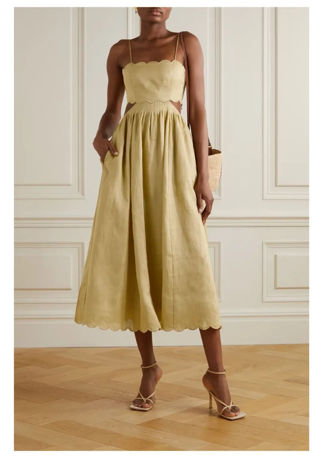 Zimmermann Jude Lace Up Cutout Scalloped Linen Voile Midi Dress Beige Size 0 / AU 8 for rent on The Volte - main image
