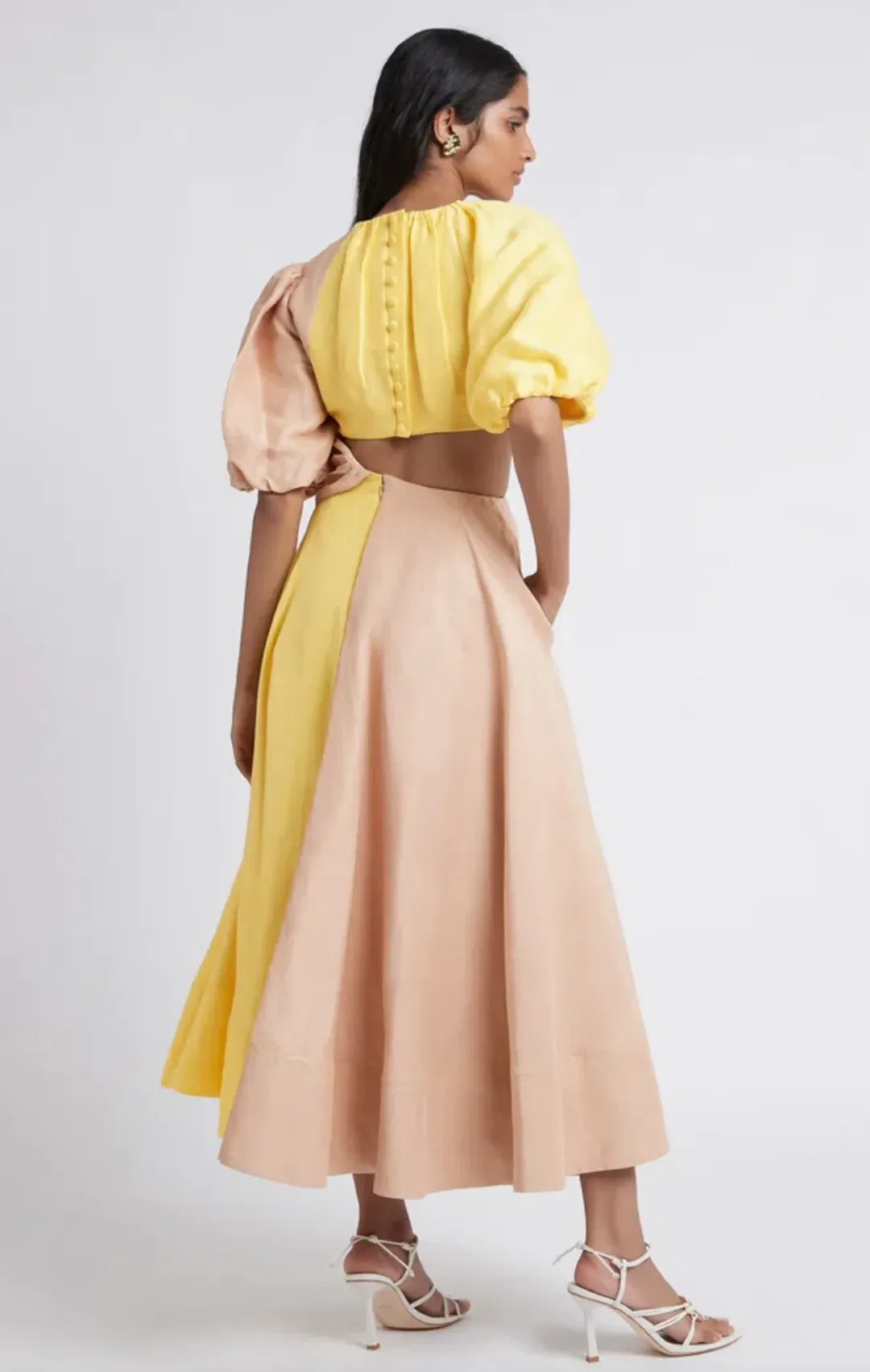 Aje Caliente Two Tone Puff Sleeve Dress Yellow/Brown Size 8 for rent on The Volte - main image