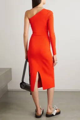 Victoria Beckham Body One Shoulder Midi Dress Red Orange Size 10 for rent on The Volte - image 3