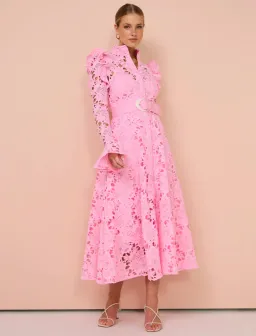 Leo Lin Aliyah Lace Butterfly Sleeve Midi Dress In Candy Pink Size 8  for rent on The Volte - image 1