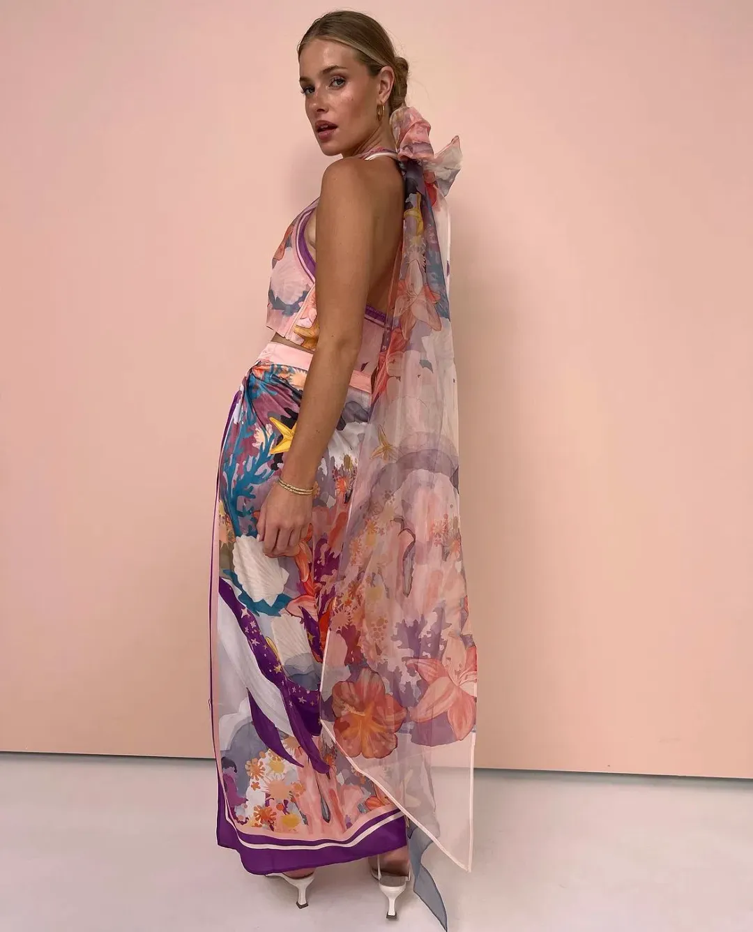 Leo Lin Evie Halter Bow Tie Top and Estella Wrap Midi Skirt in Neptune Print in Coral Set Size 6 for rent on The Volte - main image