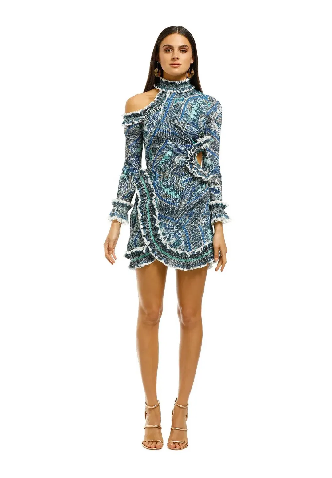 Zimmermann Moncur Ruffle Neck Mini Dress in Aqua Paisley Size 1 / Au 10 for rent on The Volte - main image
