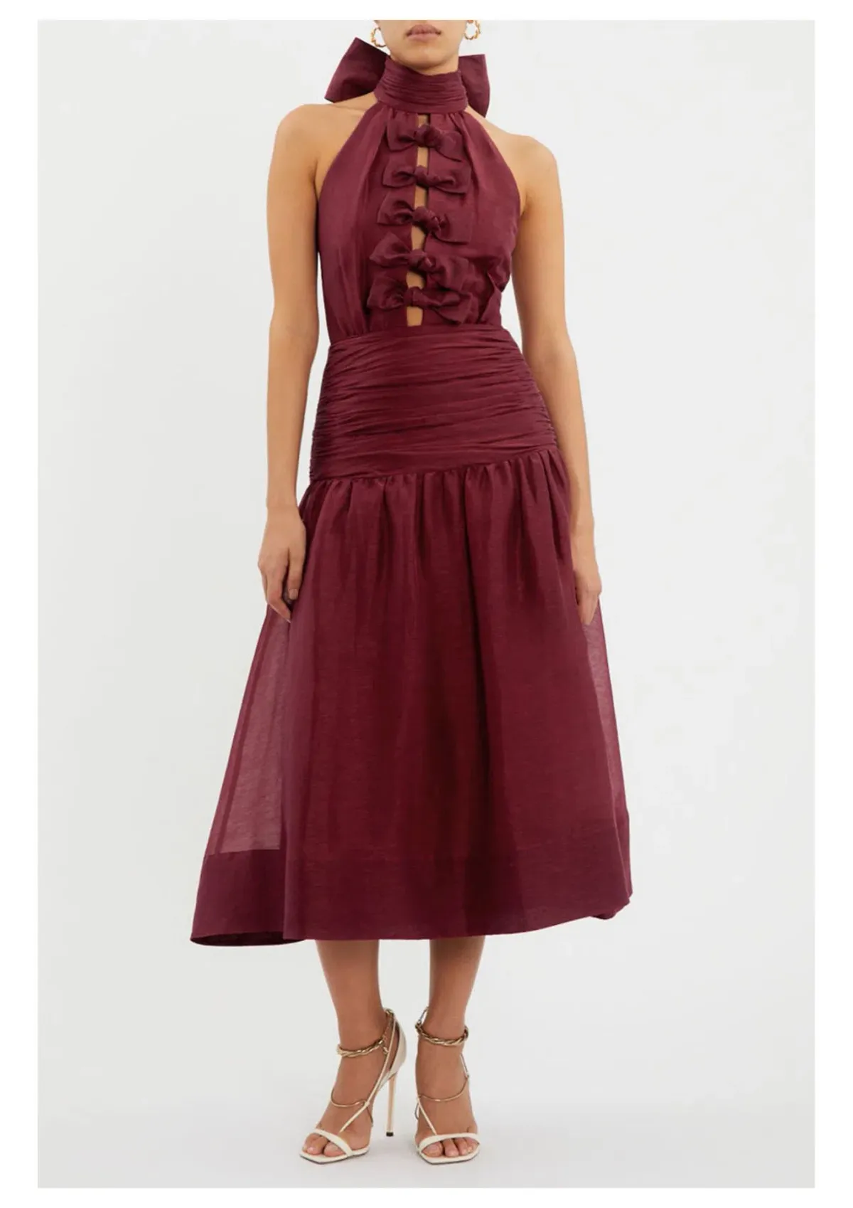 Rebecca Vallance Bordeaux Bow Midi Dress Ox Blood Size 8 for rent on The Volte - main image