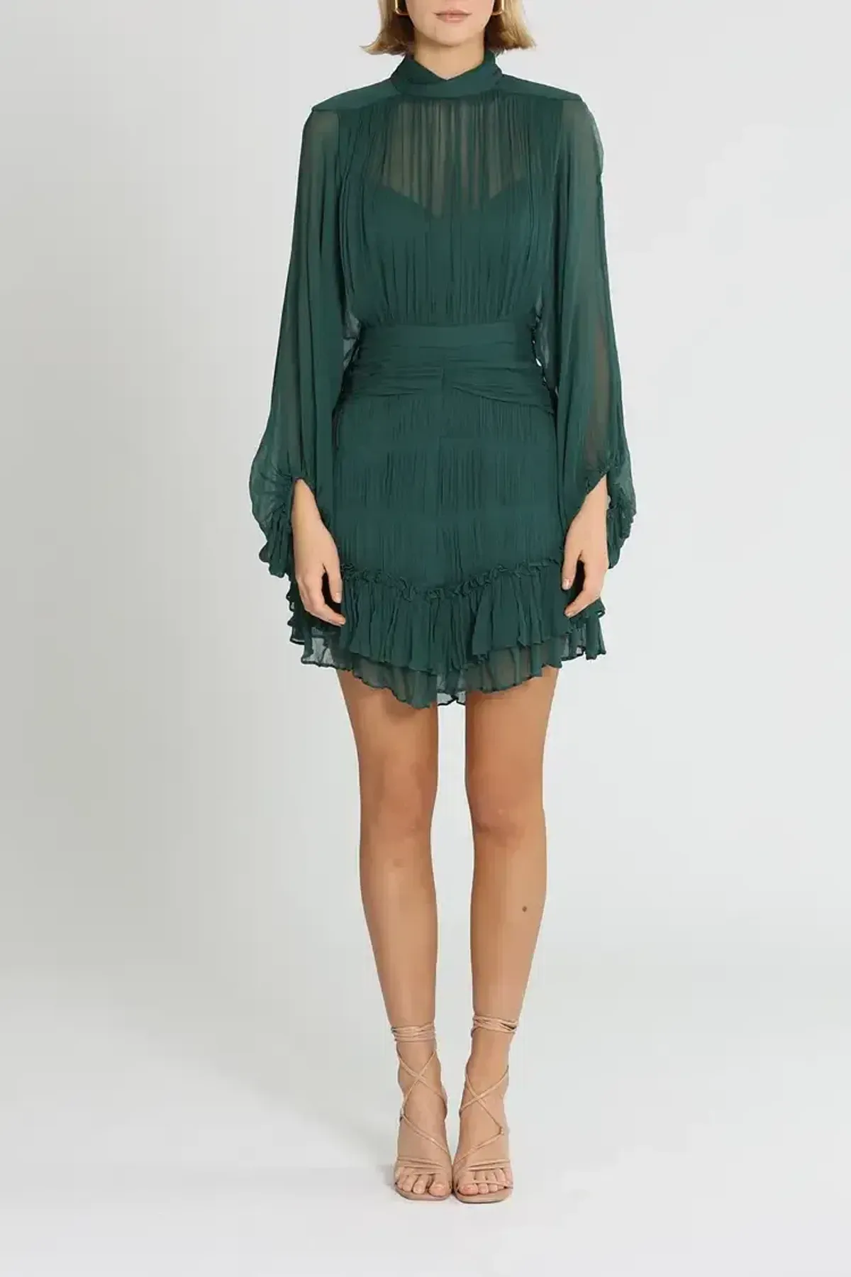 Shona Joy Leonie Long Sleeve Ruched Mini Dress in Green Size 10 for rent on The Volte - main image