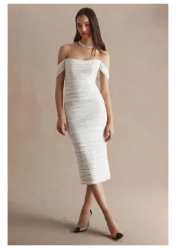 Watters Joanne Ruched Slim Off Shoulder Midi Dress Ivory Nude Size AU 8 for rent on The Volte - image 1