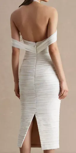 Watters Joanne Ruched Slim Off Shoulder Midi Dress Ivory Nude Size AU 8 for rent on The Volte - image 2