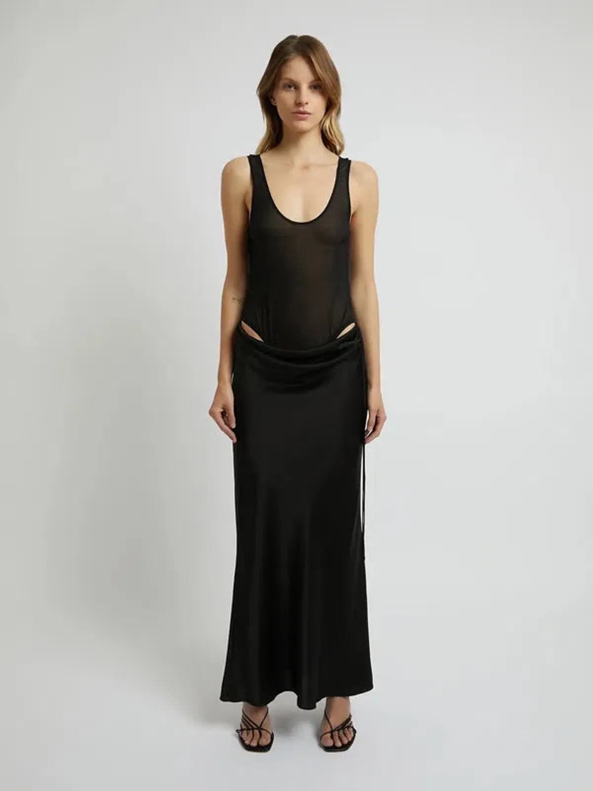 Christopher Esber Sheer Torso Cowl Tank Dress Charcoal Size 6 for rent on The Volte - main image