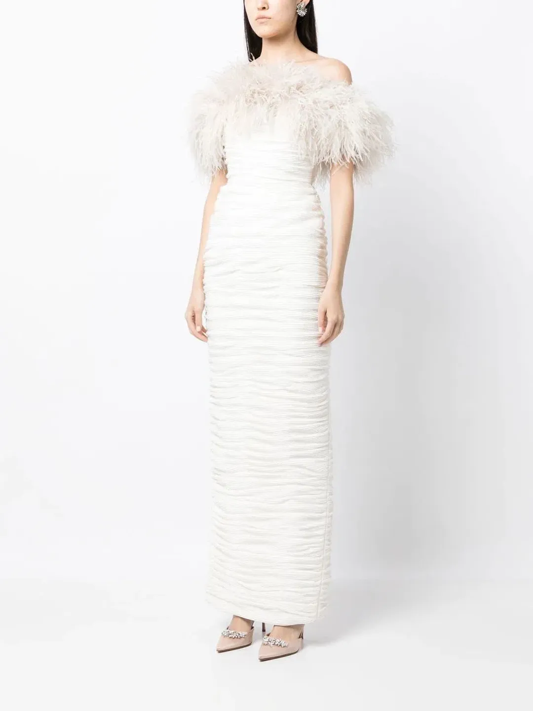 Rachel Gilbert | Zion ivory white, feather-trim Gown | White Size 10 for rent on The Volte - main image