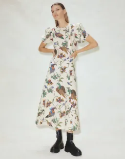 Alemais Birdie Puff-Sleeve Printed Linen Midi Dress Ivory/Print Size 16 for rent on The Volte - image 1