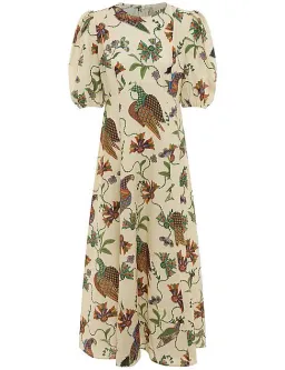 Alemais Birdie Puff-Sleeve Printed Linen Midi Dress Ivory/Print Size 16 for rent on The Volte - image 4