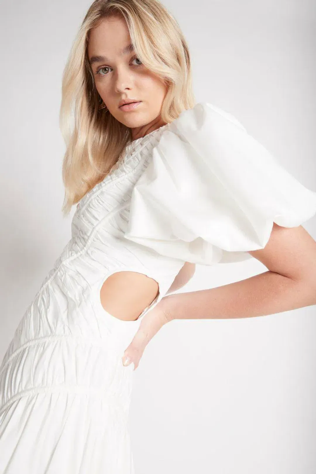 Aje Siren Drawstring Midi Dress Ivory Size 10 for rent on The Volte - main image