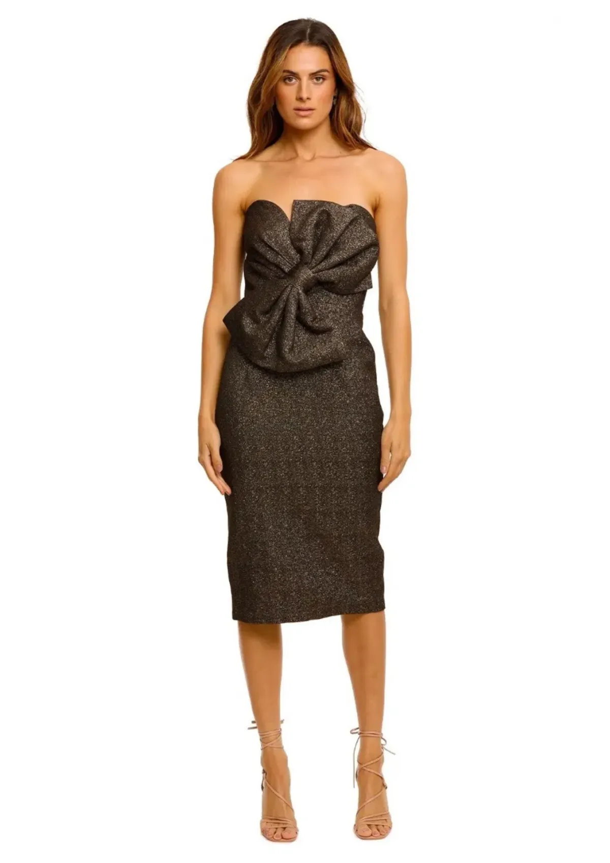 Elle Zeitoune Stella Strapless Midi Dress in Brown Size 10 for rent on The Volte - main image