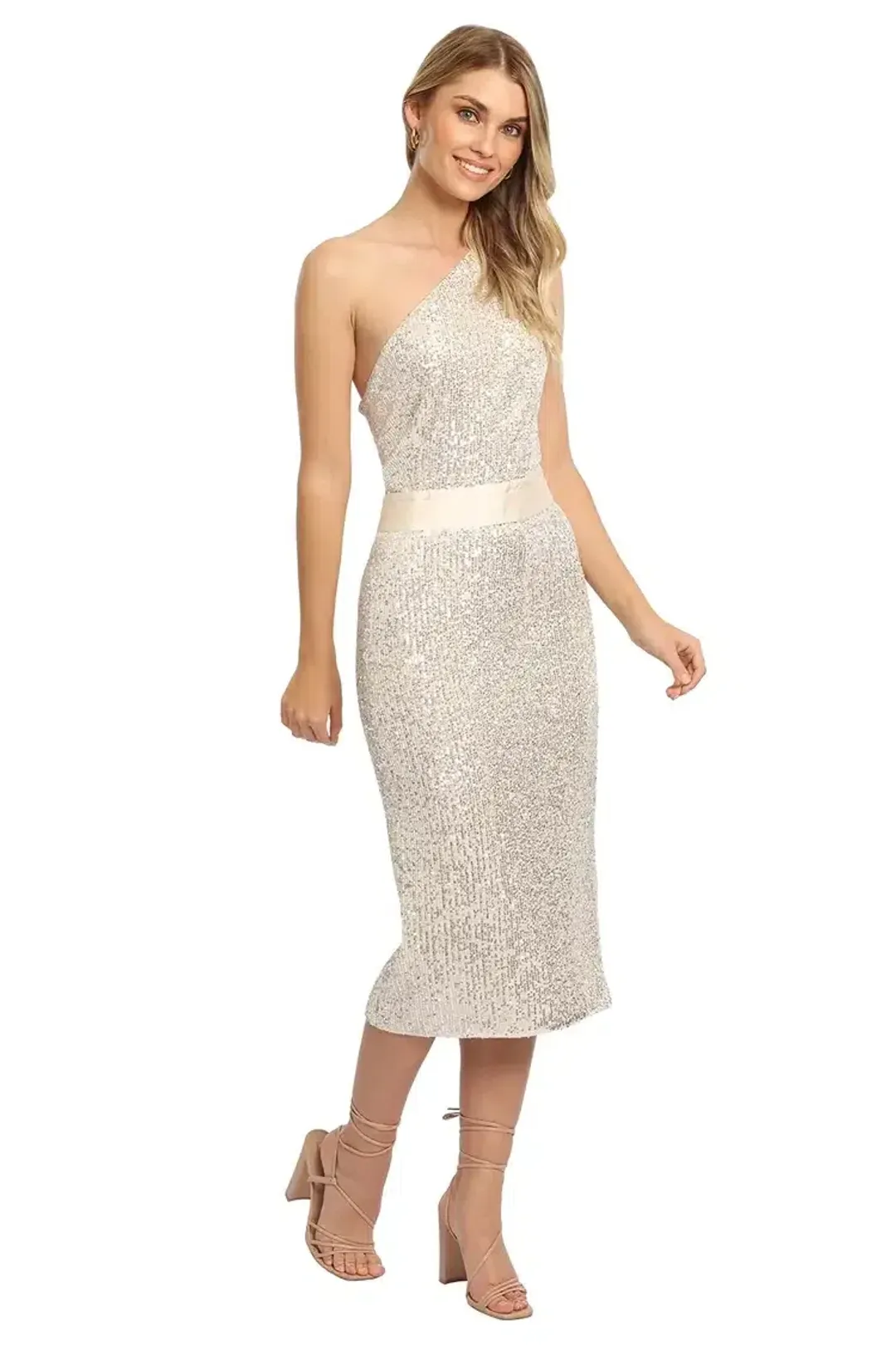 Elle Zeitoune Allene Sequin One Shoulder Midi Dress in Silver Size 8 for rent on The Volte - main image