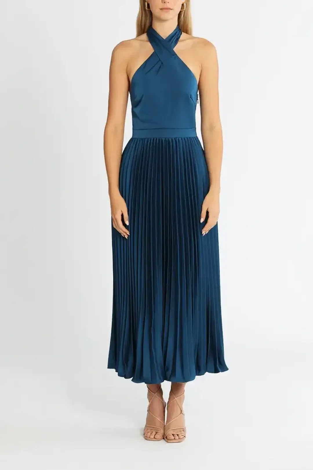 Elle Zeitoune Pleated Halter Midi Dress in Blue Size 8 for rent on The Volte - main image