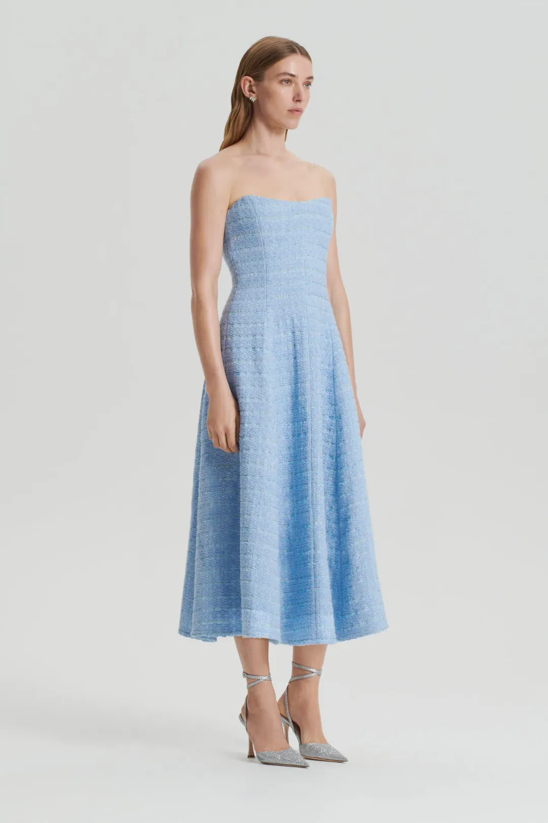 Scanlan Theodore Tweed Boucle Midi Dress Pale Blue Size 8 for rent on The Volte - main image