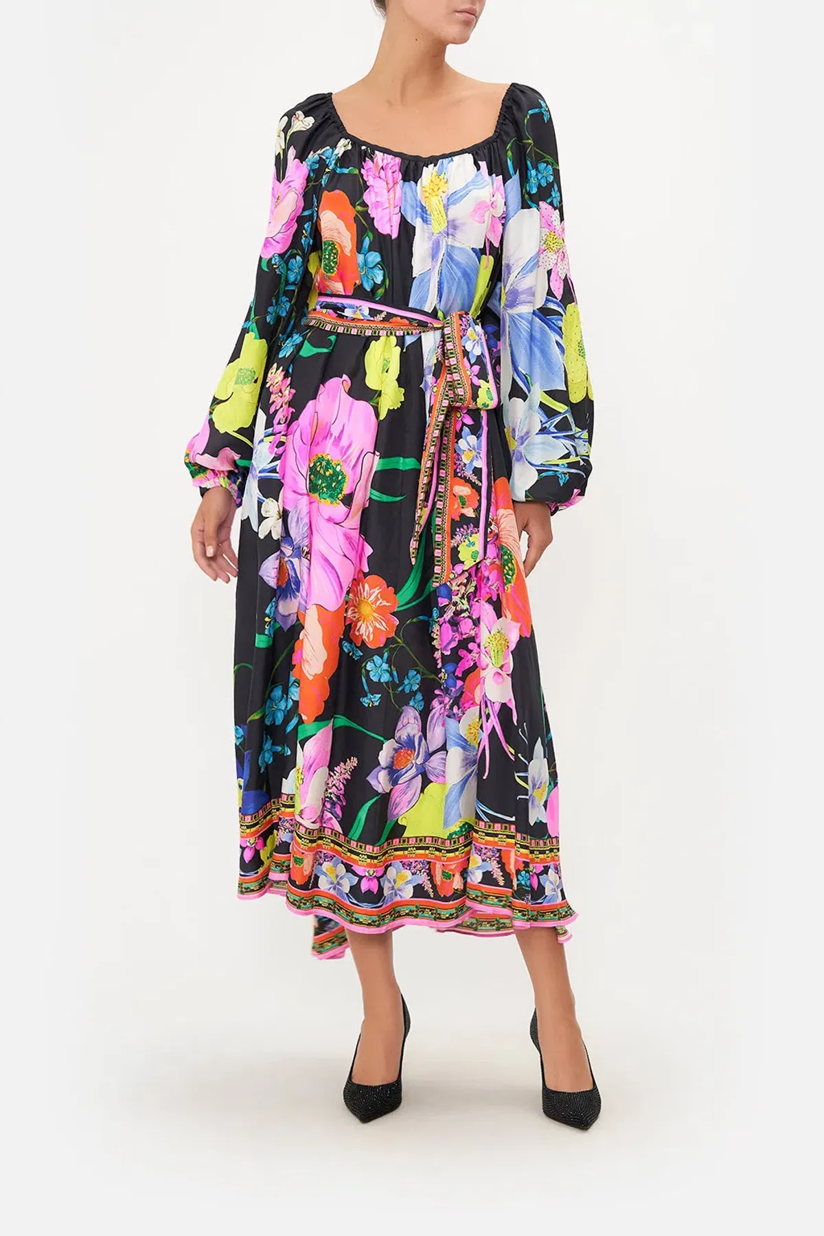 Camilla Gathered Flared Dress Black Floral Size 14 for rent on The Volte - main image