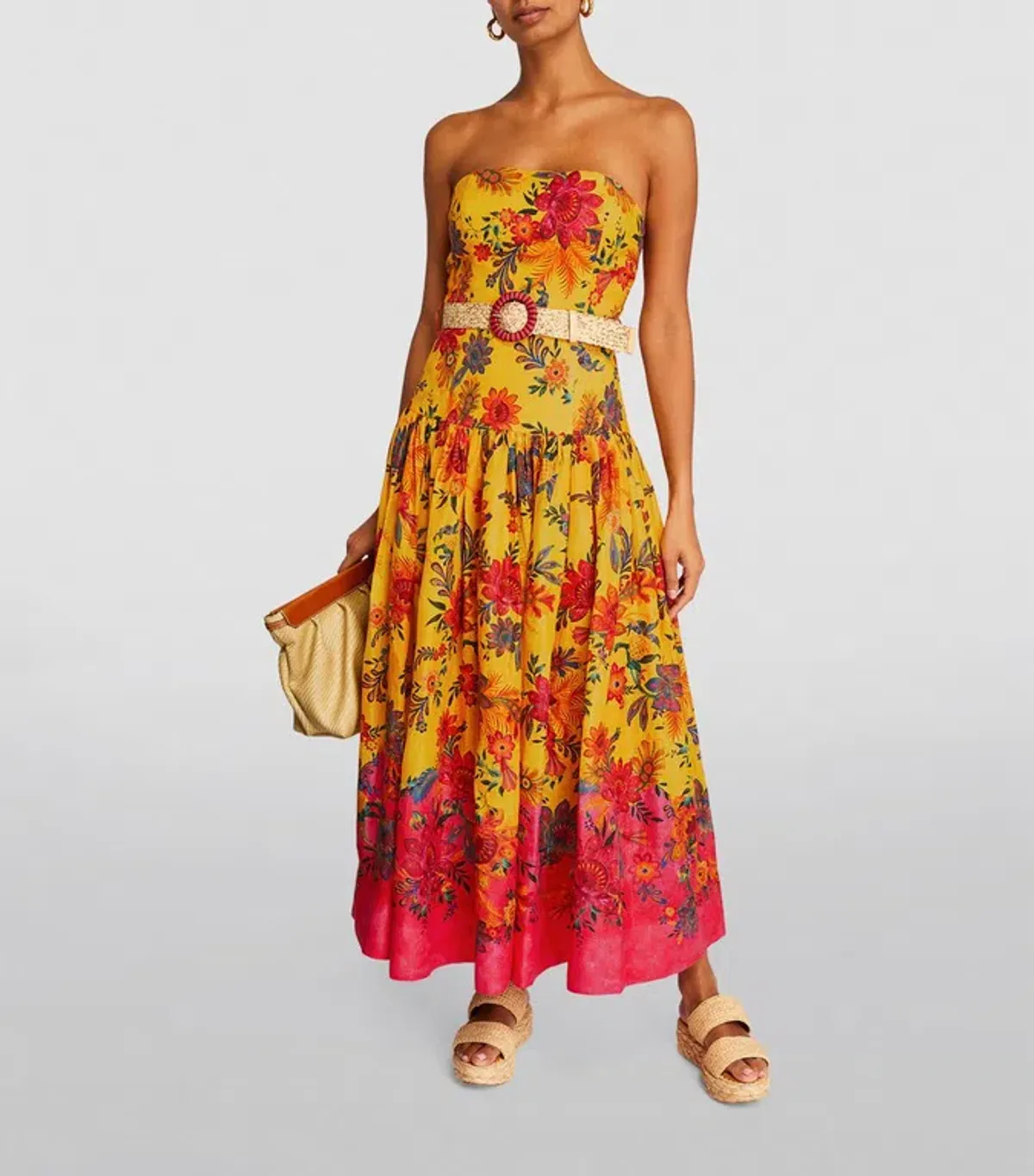 Zimmermann The Ginger Strapless Midi Dress in Pink/Yellow Floral Size 1/AU 10 for rent on The Volte - main image